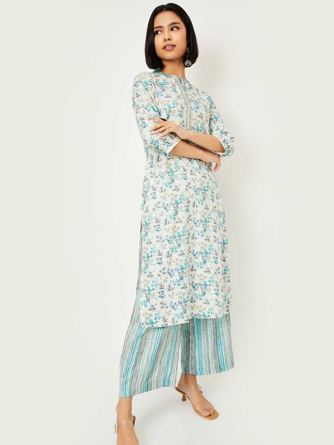 

max Floral Printed Mandarin Collar Straight Kurta With Palazzos, Blue