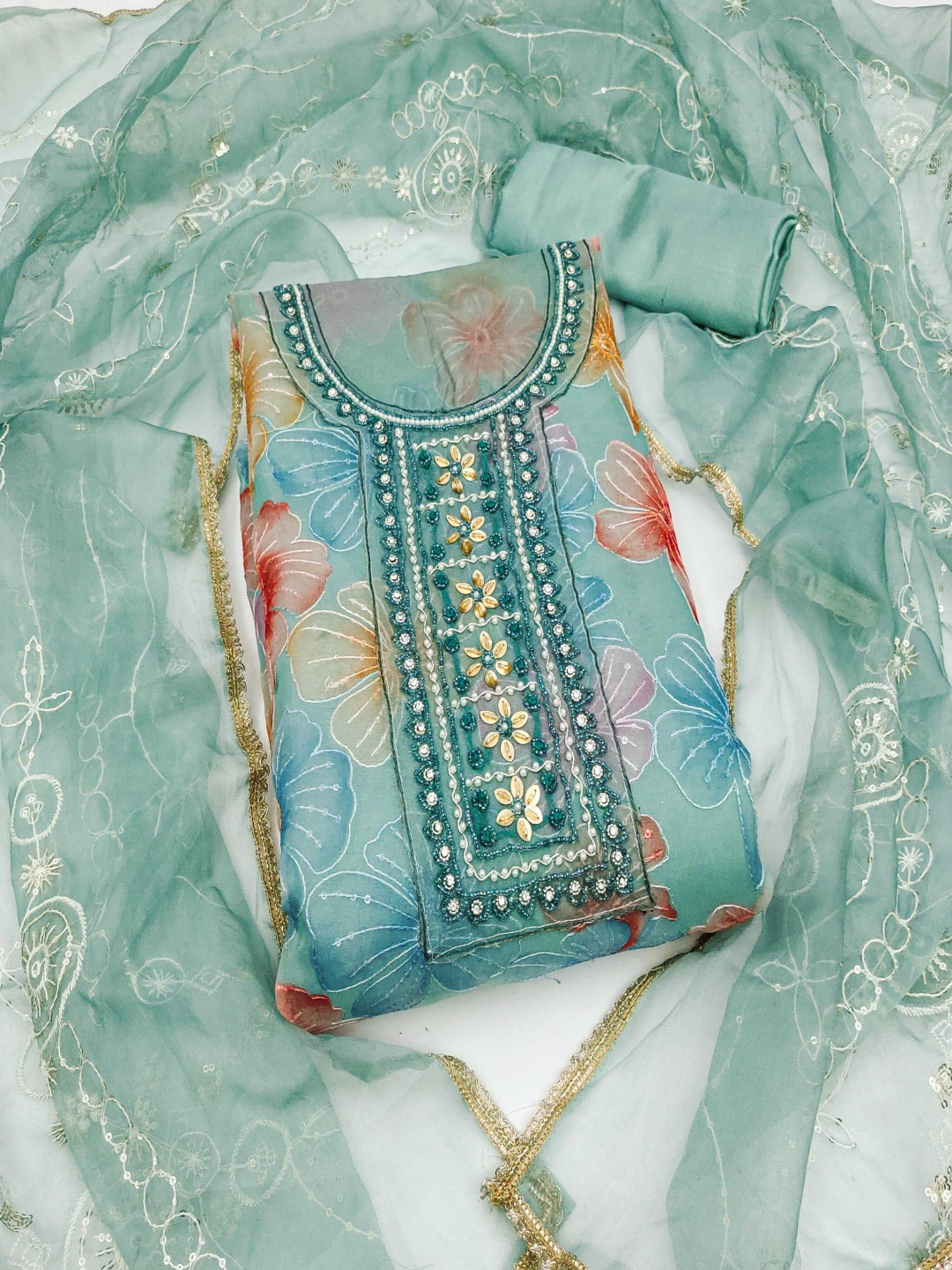 

HERE&NOW Embellished Organza Unstitched Dress Material, Sea green