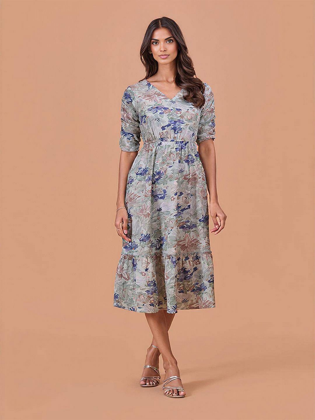 

DressBerry Women V-Neck Fit & Flare Midi Dress, Grey