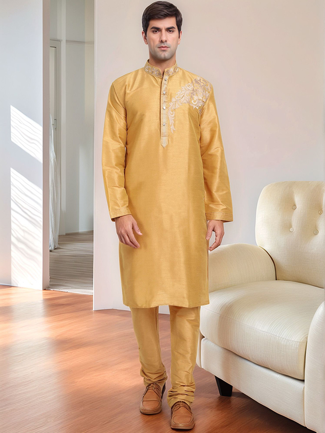

Moda Rapido Men Embroidered Regular Kurta with Pyjamas, Gold