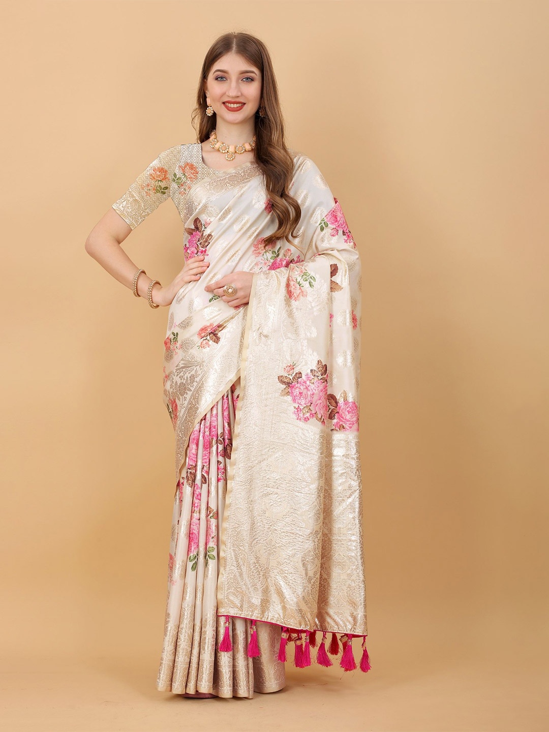 

LeeliPeeri Designer Woven Design Zari Silk Blend Saree, Off white