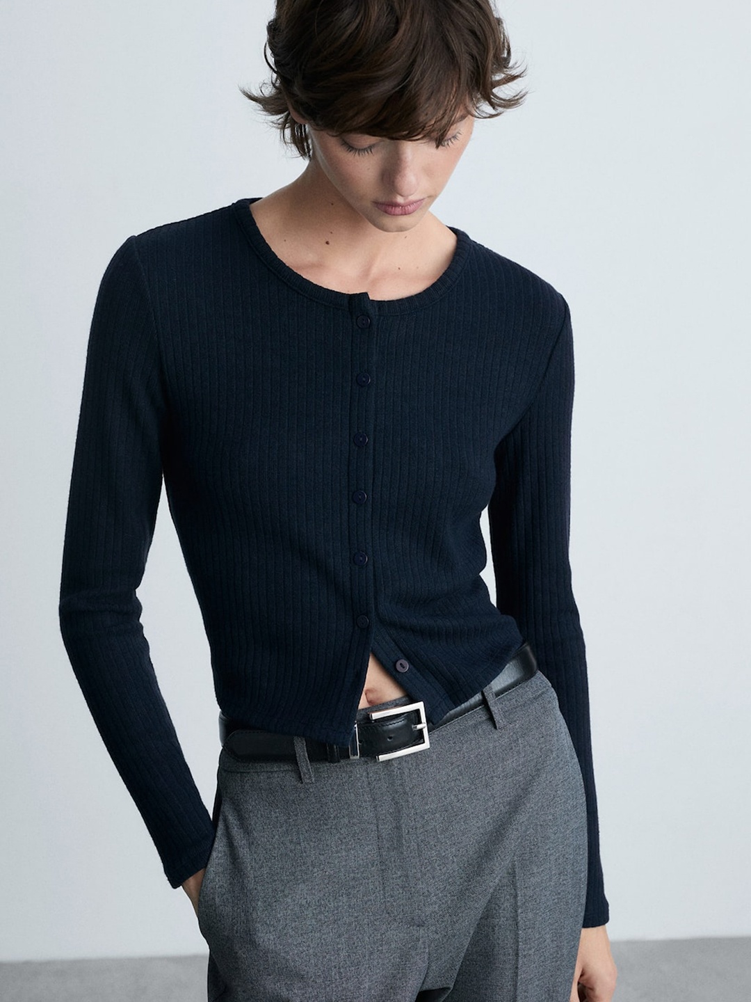 

MANGO Women Ribbed Cardigan, Black