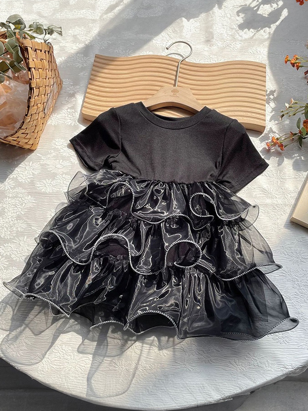 

LULU & SKY Girls Round Neck Ruffled Fit & Flare Dress, Black