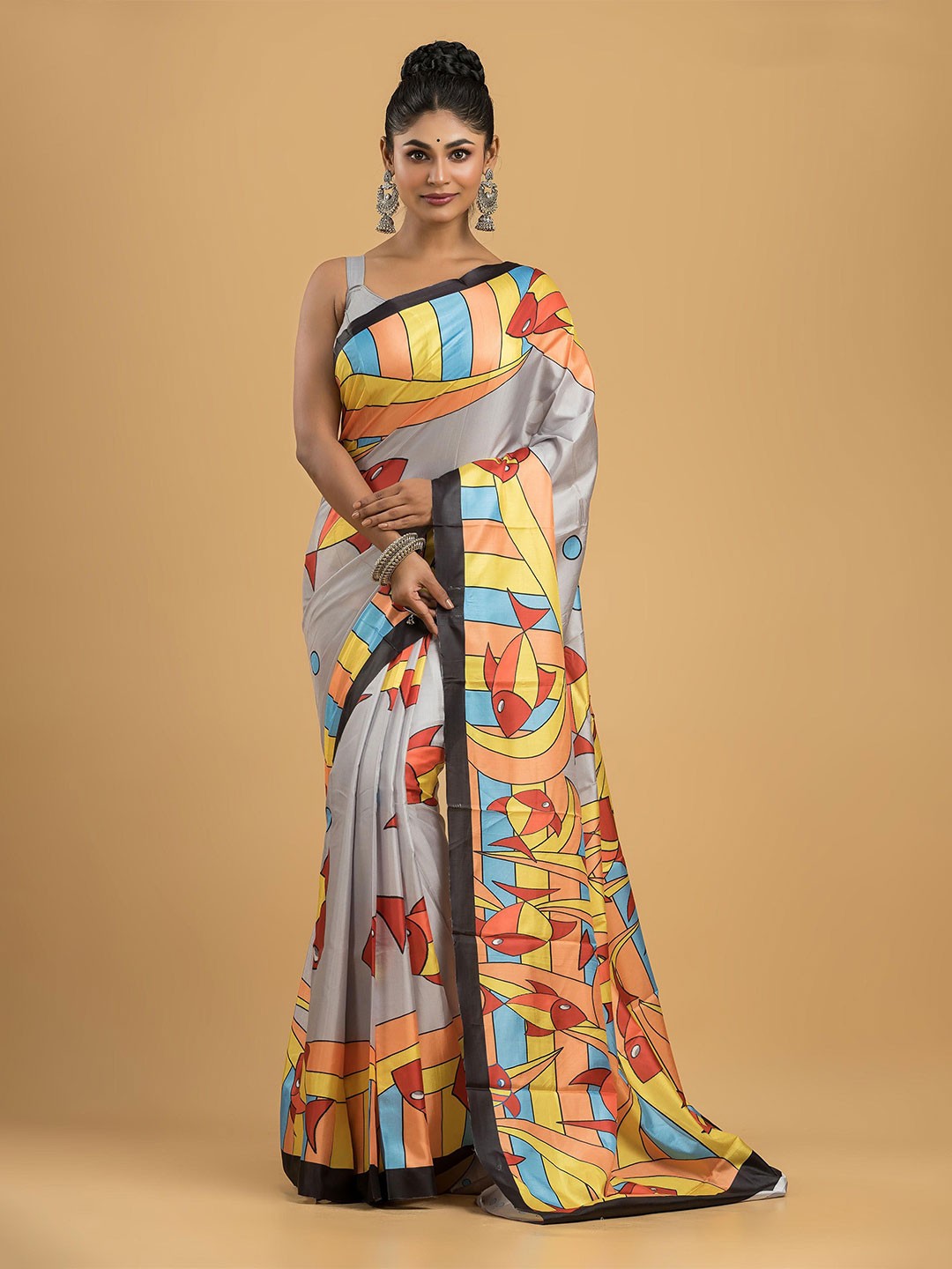 

Dheu Ethnic Motifs Designer Block Print Saree, Grey