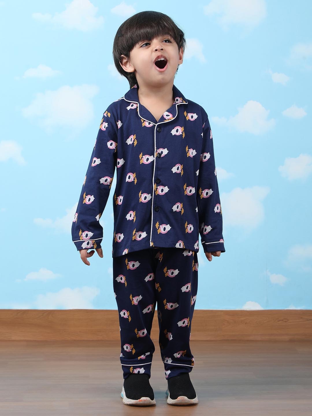 

Polka Tots Unisex Kids Printed Night suit, Navy blue