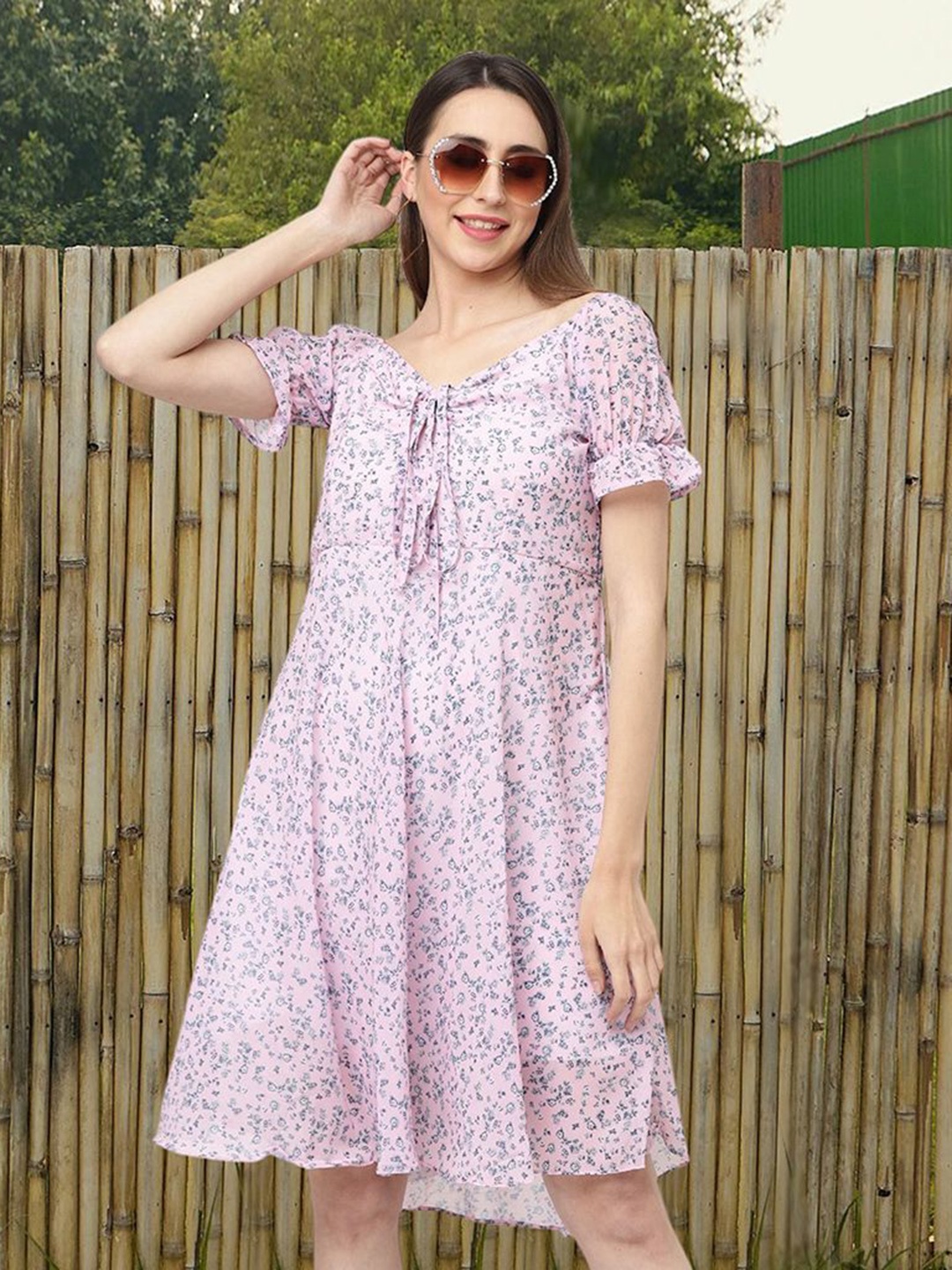 

MISS AYSE Women Floral Printed Tie-Up Neck Fit & Flare Dress, Pink