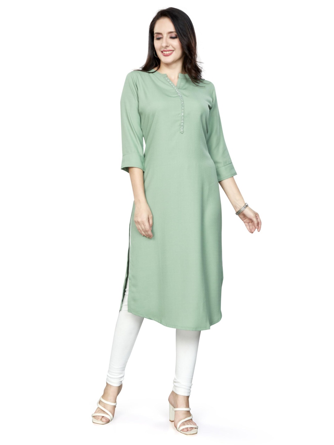 

Nioni Swarovski Mandarin Collar Dobby Linen Straight Kurta, Green