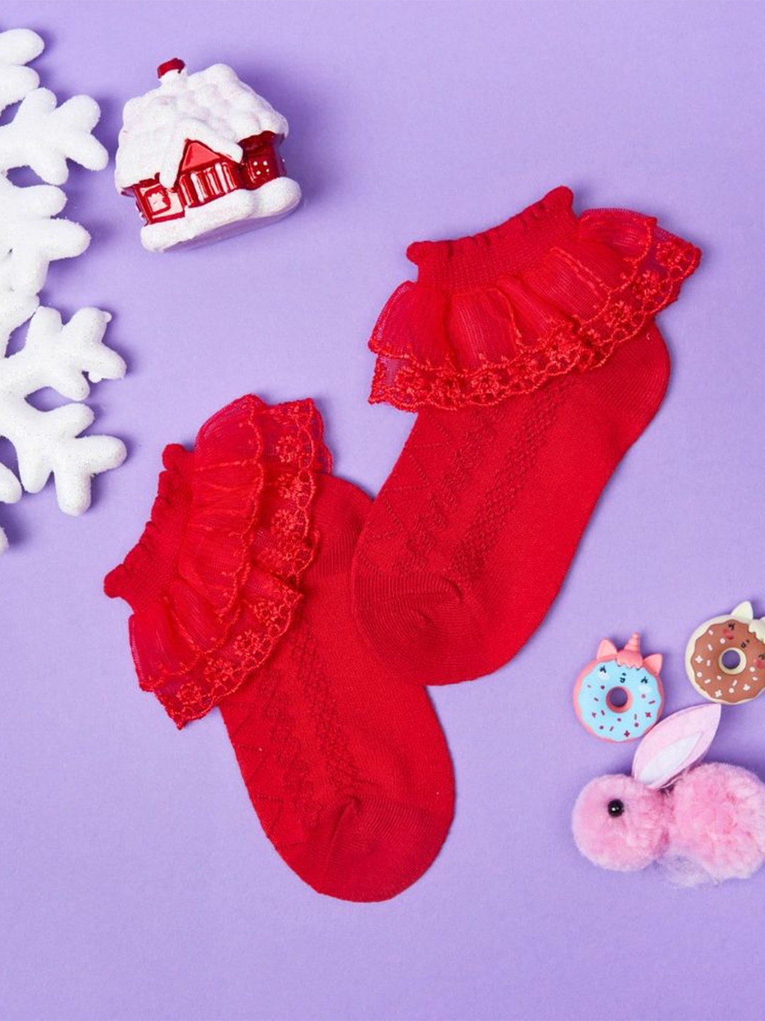 

NESKA MODA Girls Frill Lace Ankle-Length Socks, Red