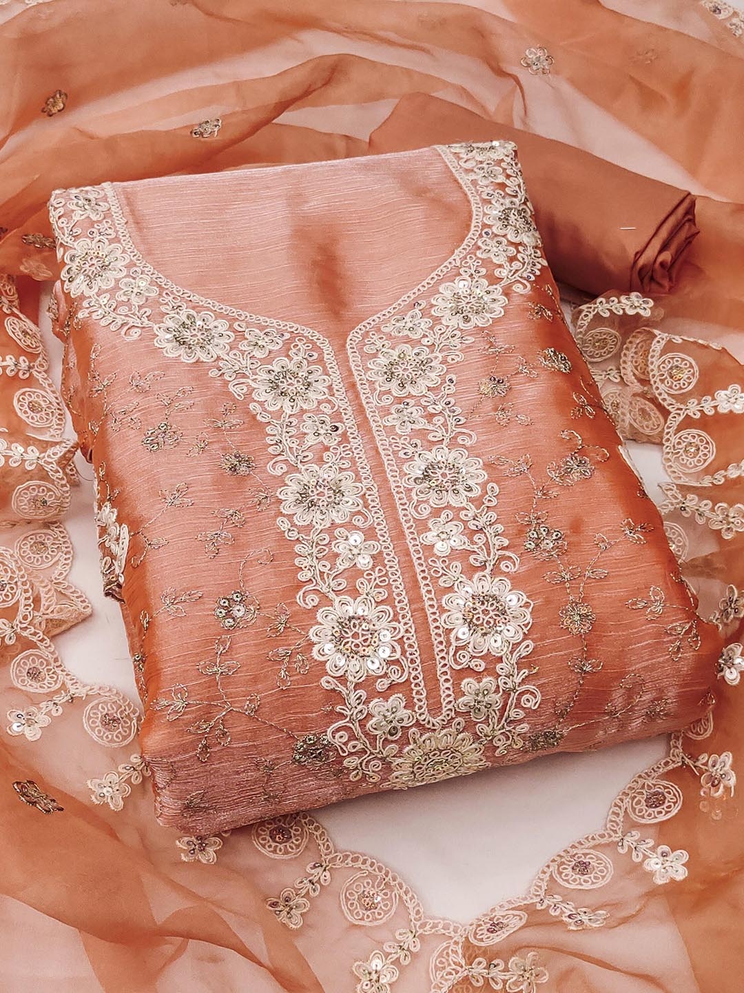 

Maroosh Embellished Unstitched Dress Material, Peach