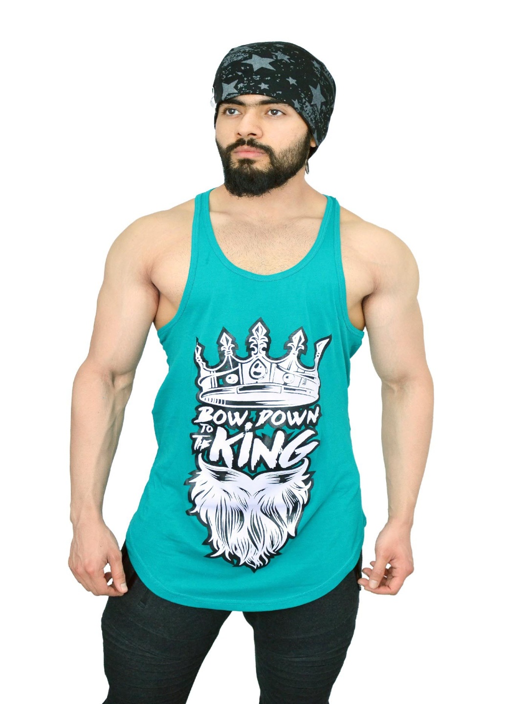 

Anax Aesthetics Men Cotton Lycra Printed Sleeveless Arc Sando Gym Vest Stringer Tank Top, Teal