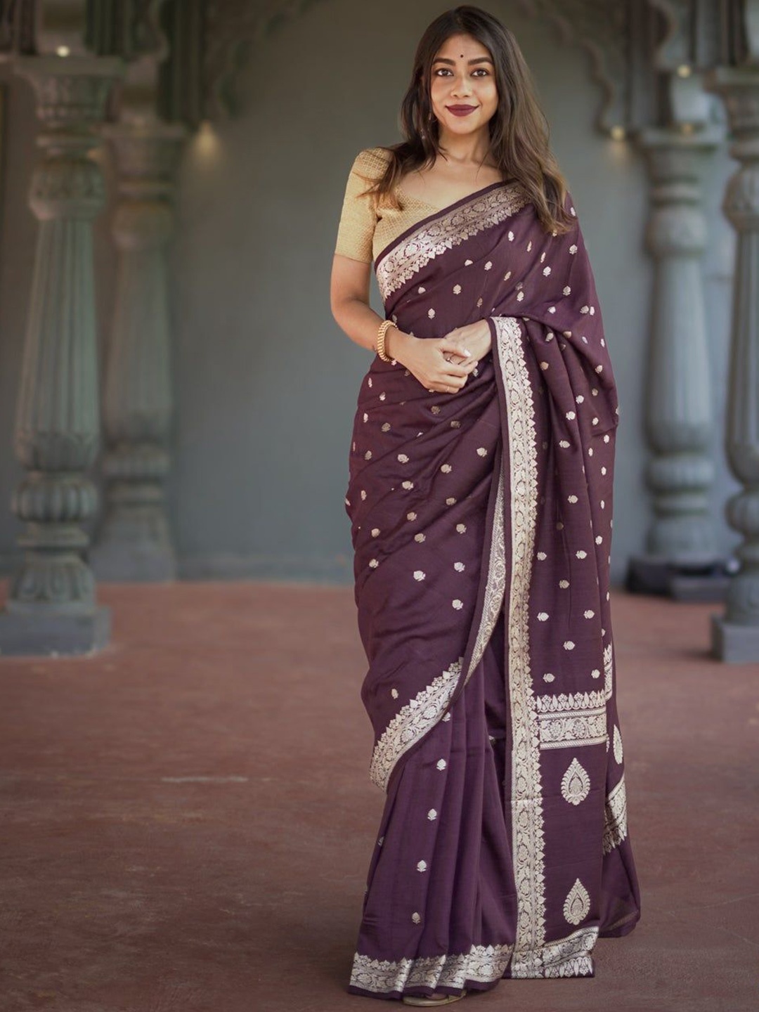 

Anouk Ethnic Motifs Woven Design Zari Banarasi Saree, Coffee brown