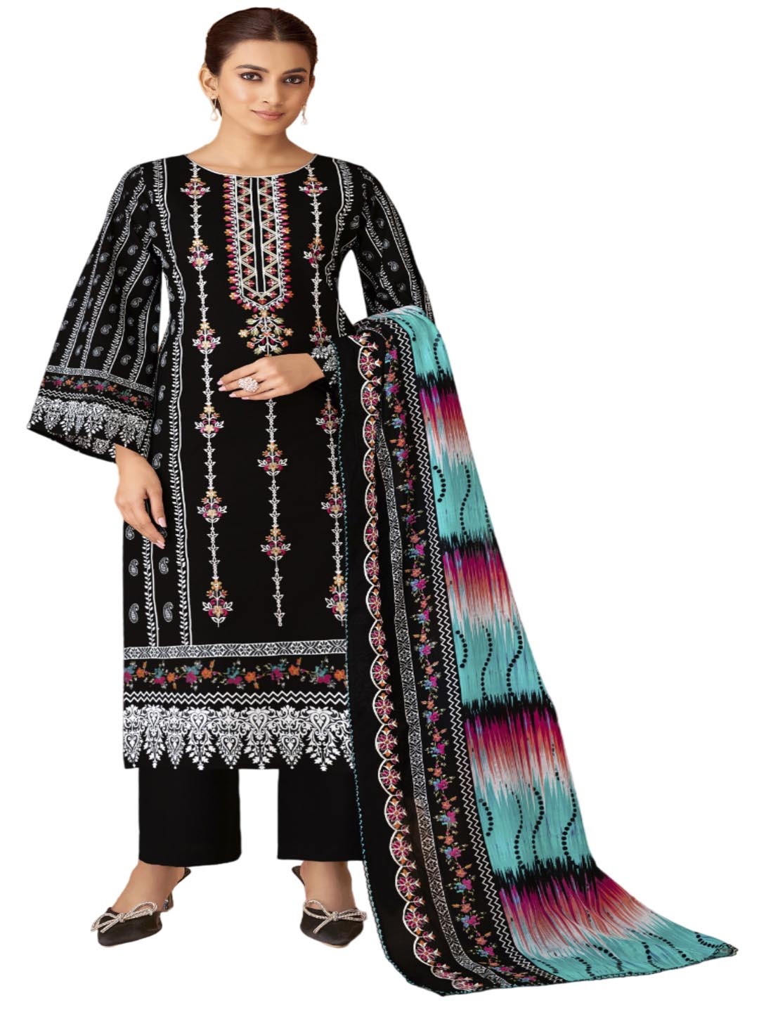 

DRAVINAM Floral Embroidered Pure Cotton Unstitched Dress Material, Black