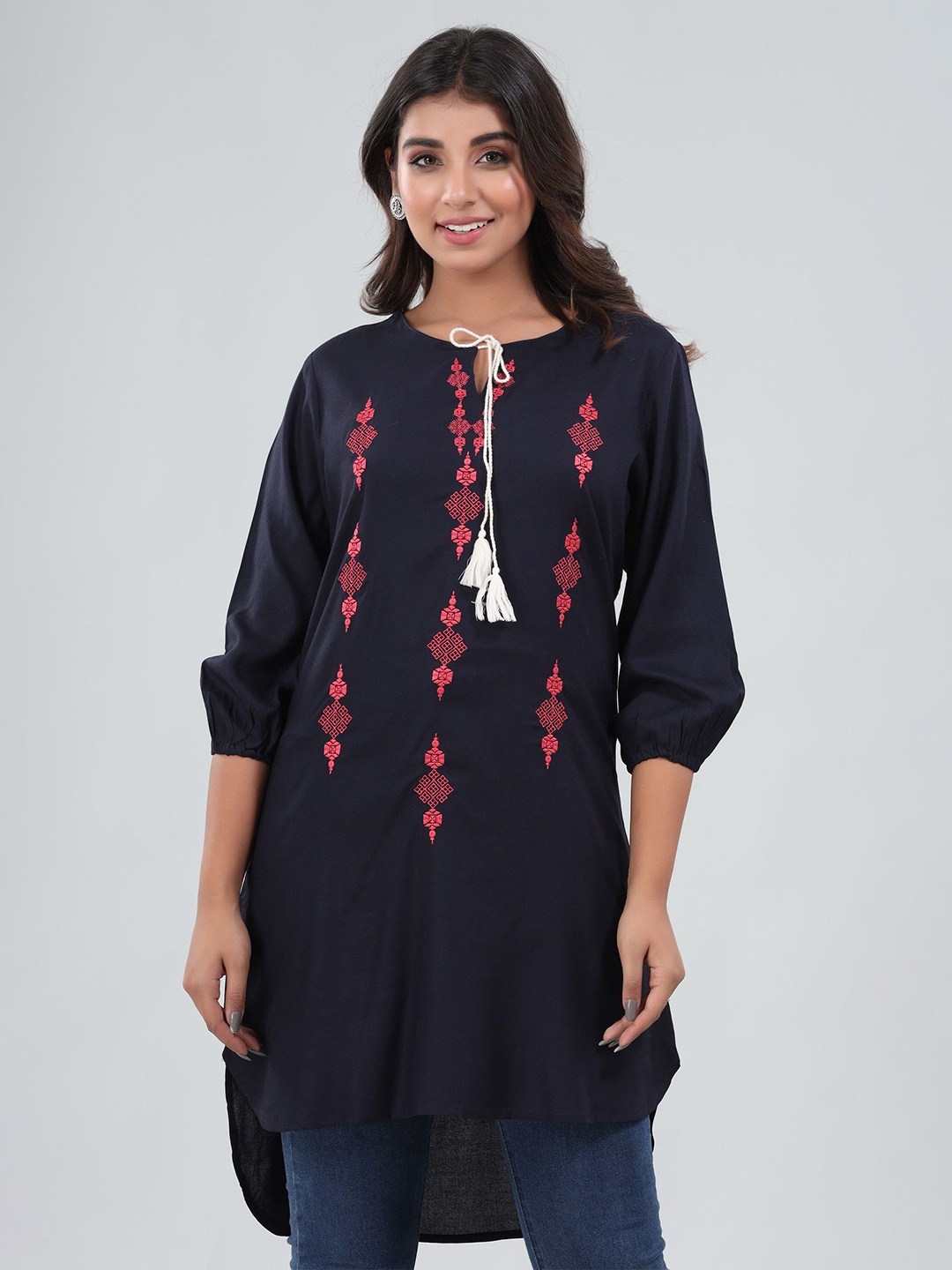 

BAESD Women Embroidered Shirt Style Longline Top, Blue