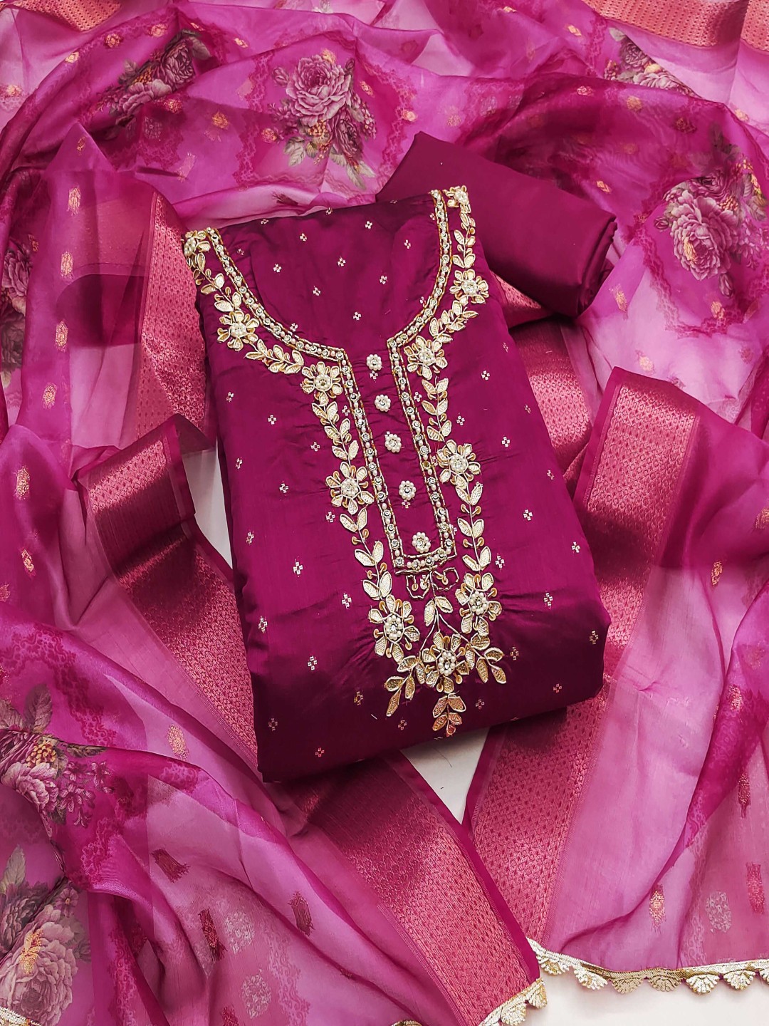 

Maroosh Embellished Unstitched Dress Material, Magenta