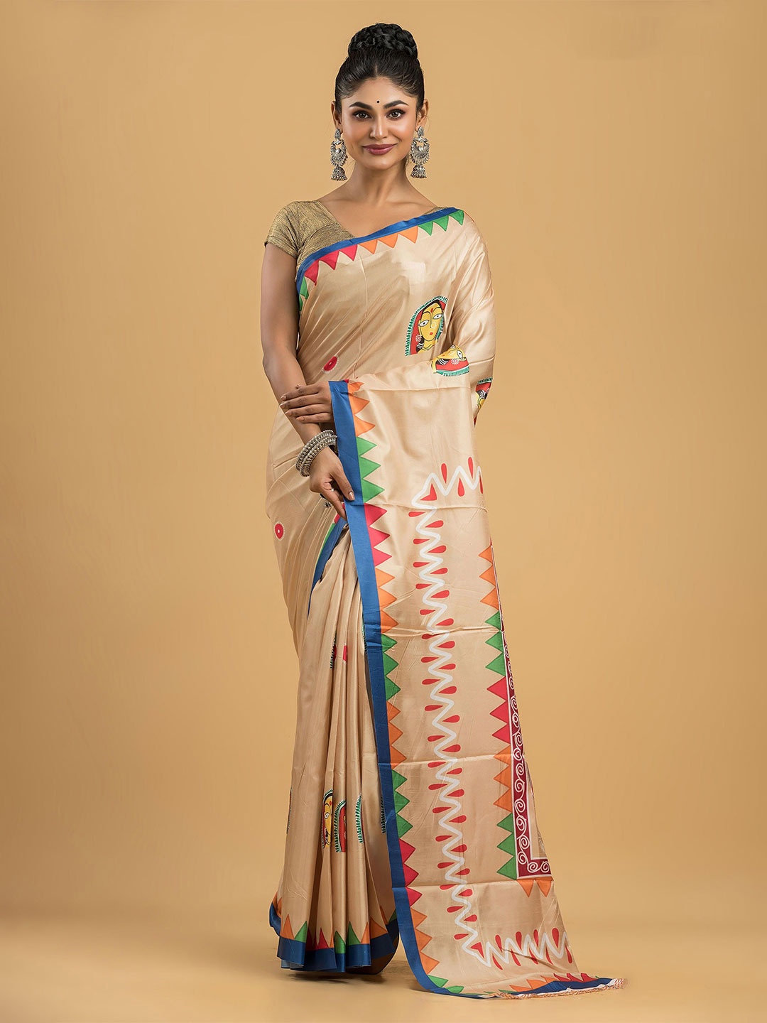 

Dheu Ethnic Motifs Printed Block Print Saree, Beige