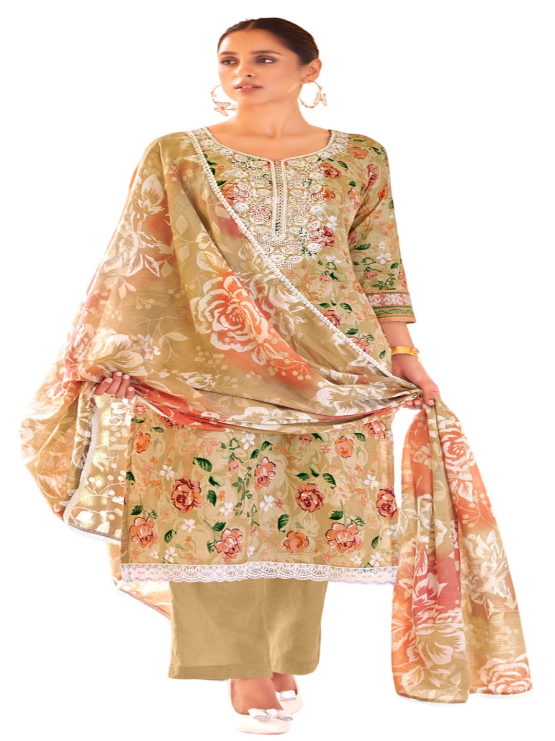 

DRAVINAM Trends Floral Embroidered Pure Cotton Unstitched Dress Material, Beige