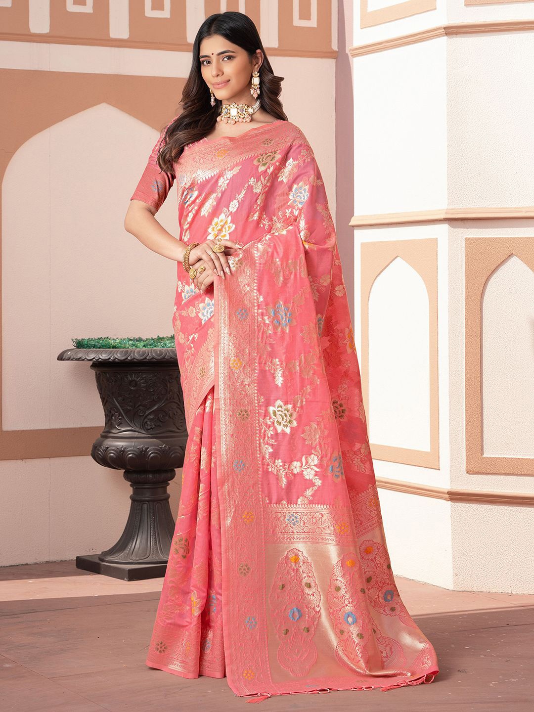 

Satrani Ethnic Motifs Zari Silk Cotton Saree, Pink