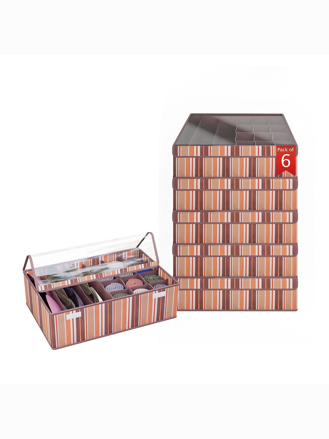 

Kuber Industries Brown 6 Pcs Striped Reusable Drawer Organisers With Transparent Lid