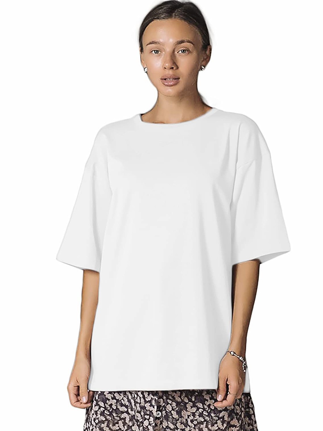 

NOTWILD Women Solid Round Neck Cotton Oversized T-shirt, White