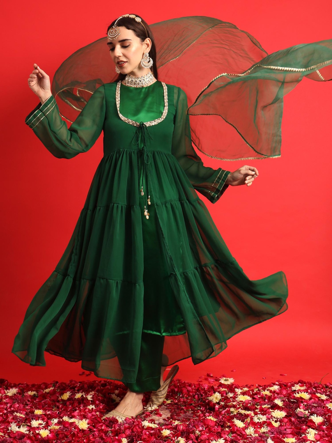 

Salvia Sky Gotta Patti Georgette Anarkali Kurta With Trousers & Dupatta, Green