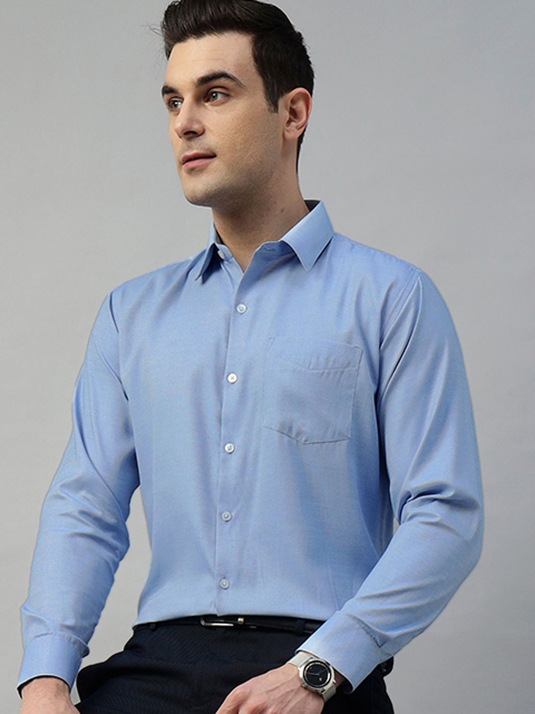 

Hancock Self Design Wrinkle Resistant Chambray New Slim Fit Formal Shirt, Blue