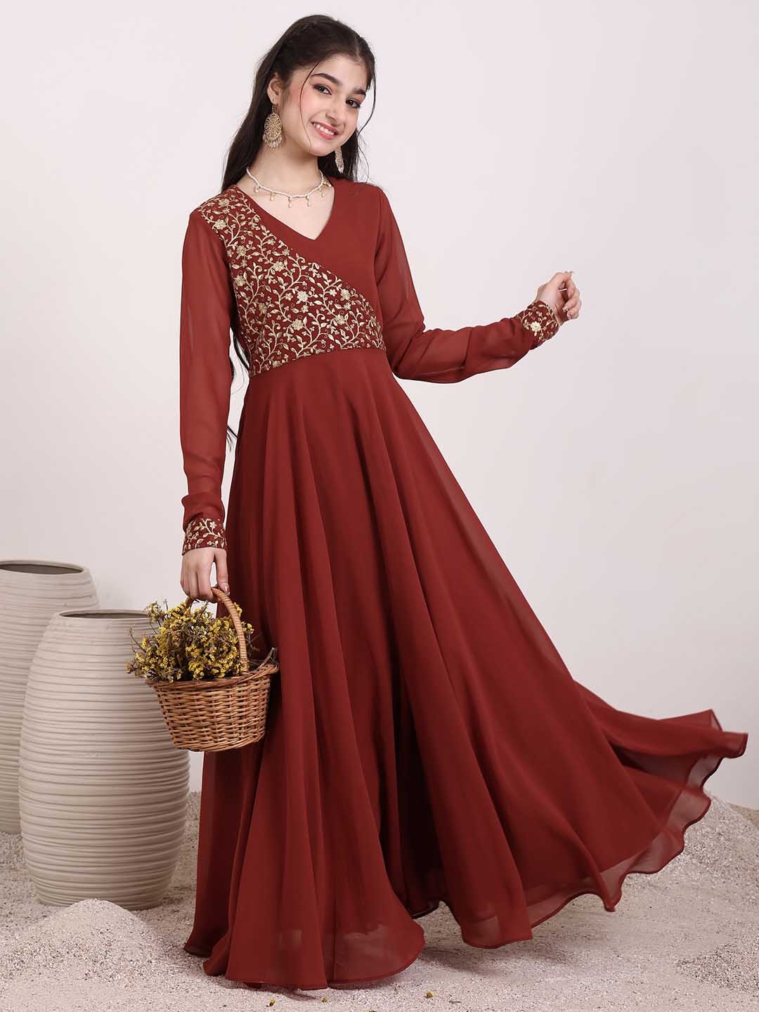 

Inddus Girls Floral Zari & Sequinned Embroidered Ethnic Dress, Maroon