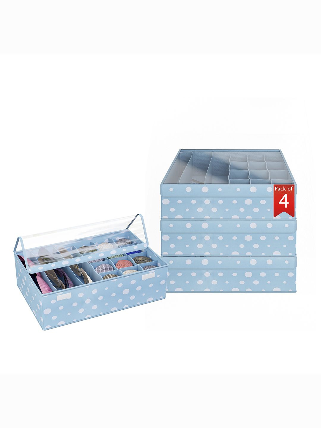 

Kuber Industries Blue 4 Pcs Printed Reusable Drawer Organisers With Transparent Lid