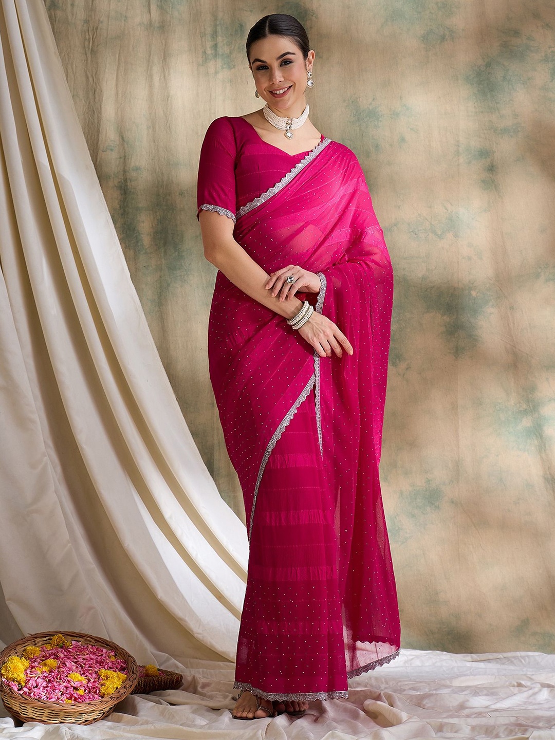 

MANVAA Embellished Beads and Stones Silk Blend Banarasi Saree, Pink