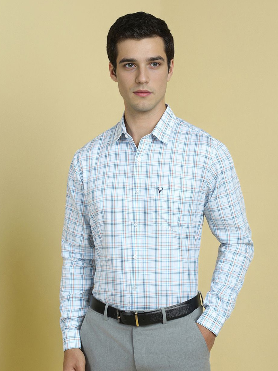 

Allen Solly Men Slim Fit Spread Collar Checked Cotton Formal Shirt, Blue