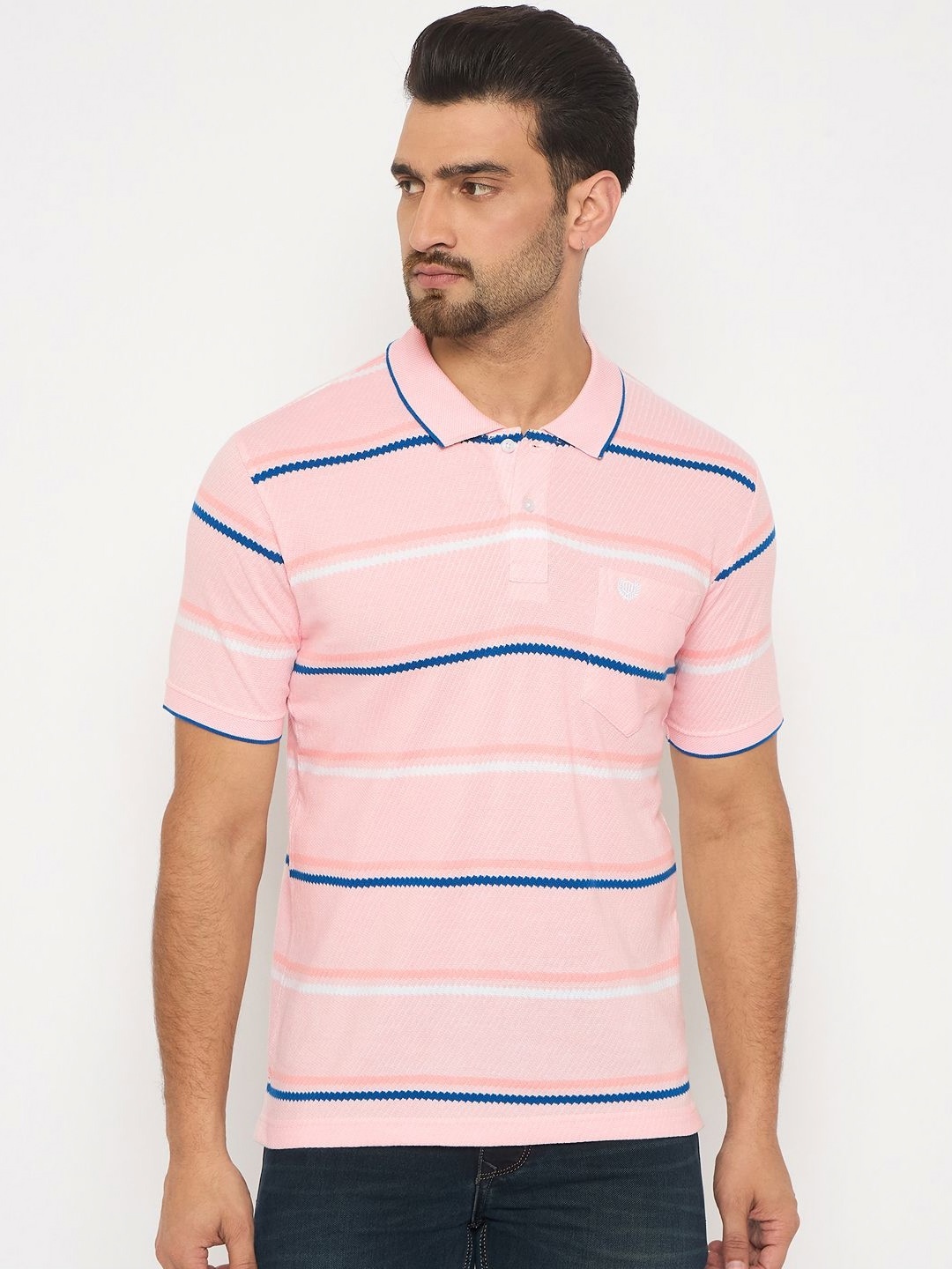 

Duke Men Striped Polo Collar Pockets T-shirt, Pink