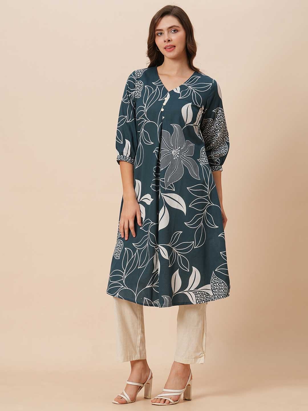 

INDYES Women Floral Printed Pleated Pure Cotton Kurta with Trousers, Teal