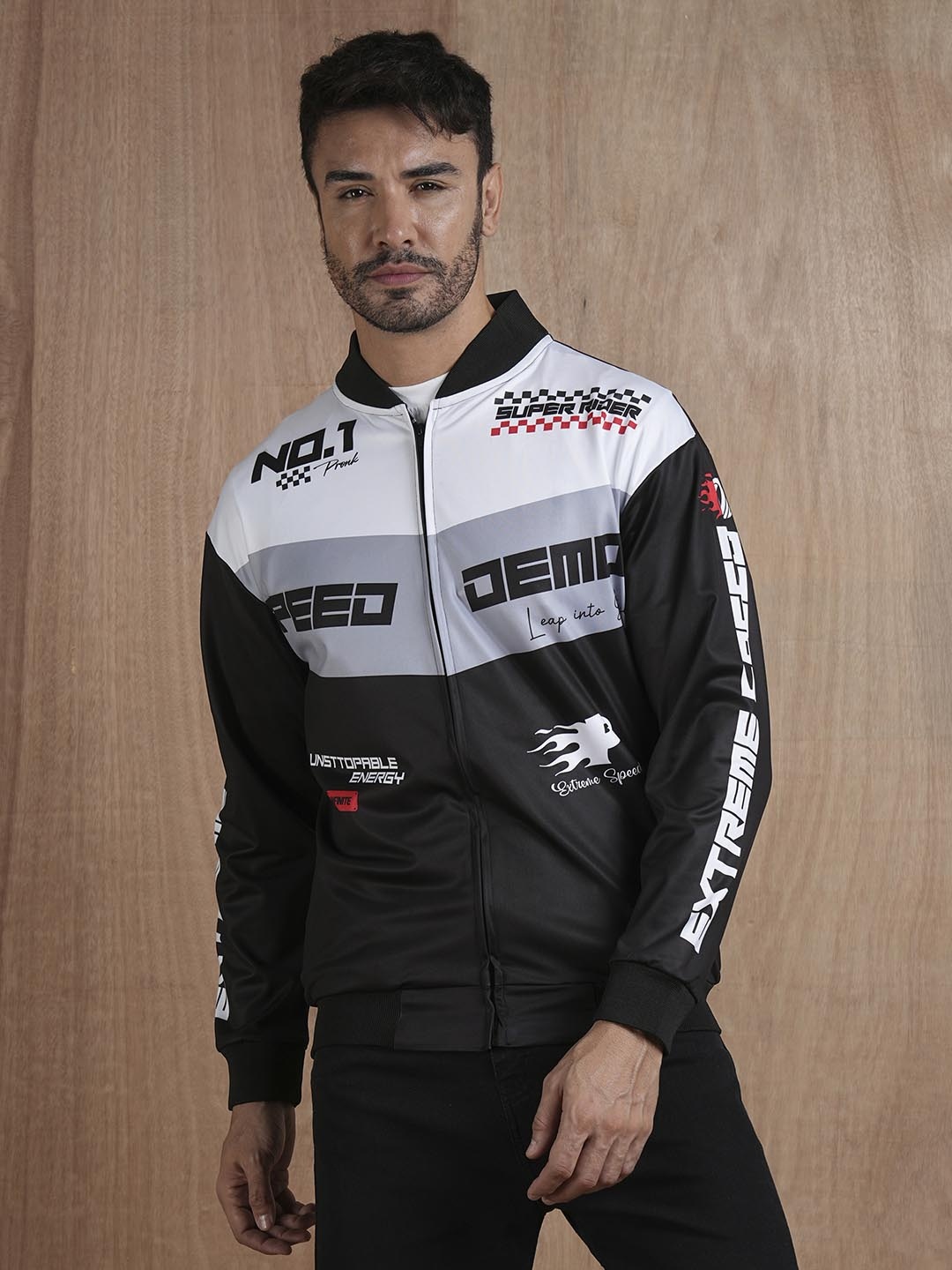 

PRONK Men Polyester Bomber with Patchwork Jacket, Black