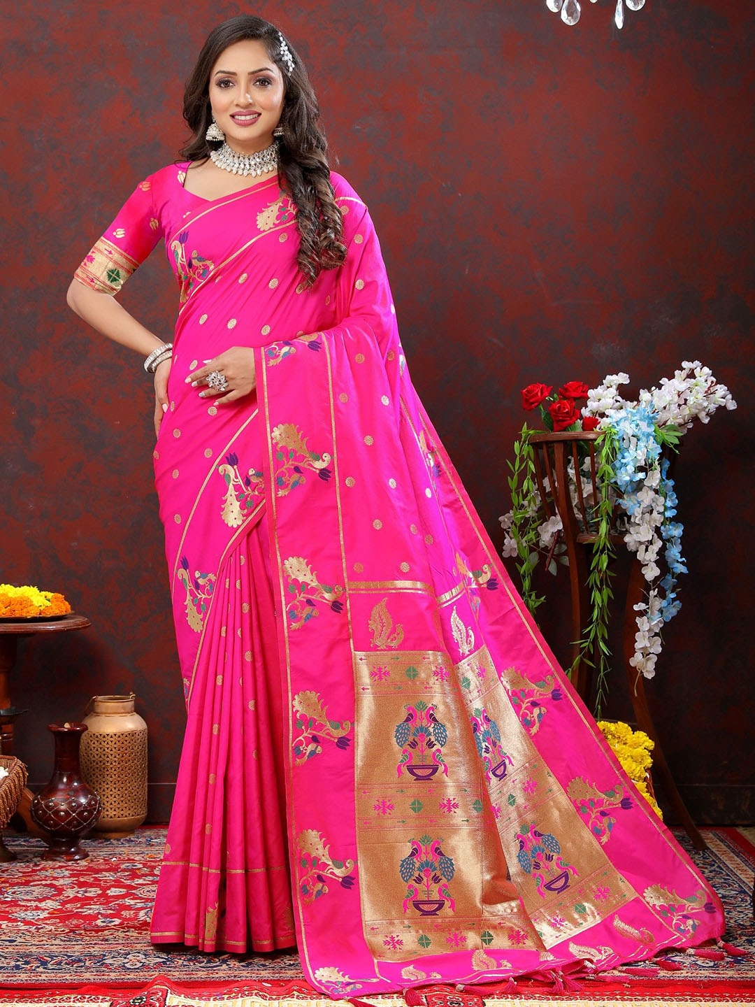 

LeeliPeeri Designer Woven Design Zari Silk Blend Paithani Saree, Pink