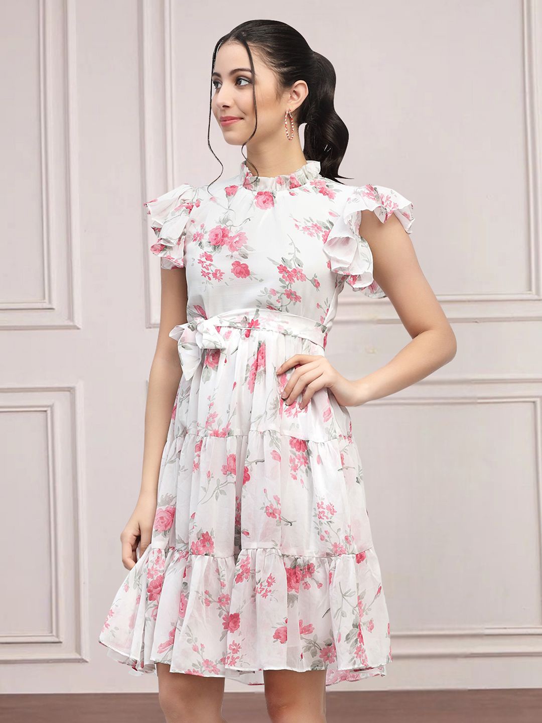 

MISS AYSE Women Floral Printed Cotton Fit & Flare Knee Length Dress, White