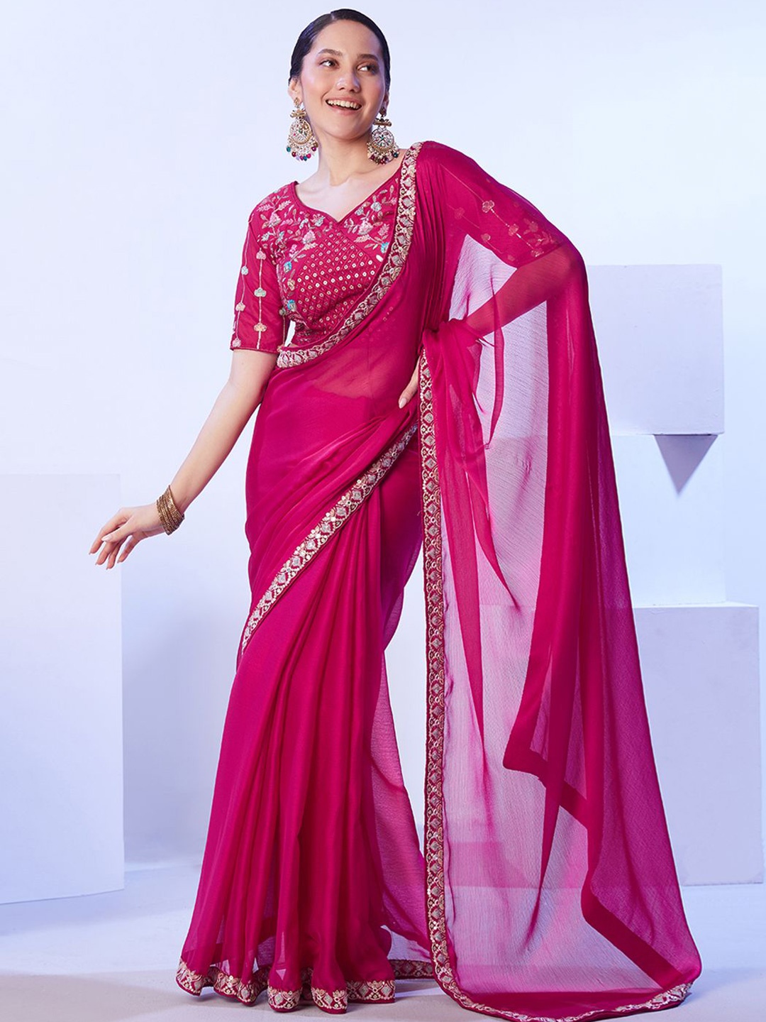 

Kalista Floral Sequinned Pure Chiffon Saree, Pink