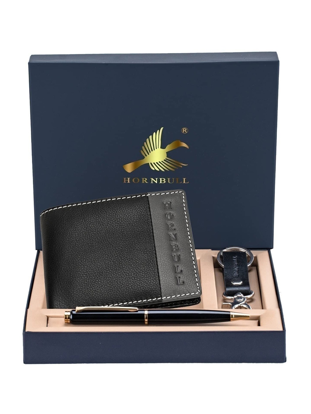 

Hornbull Men Taylor Black-Grey Leather Wallet, Keyring & Pen Combo Accessory Gift Set