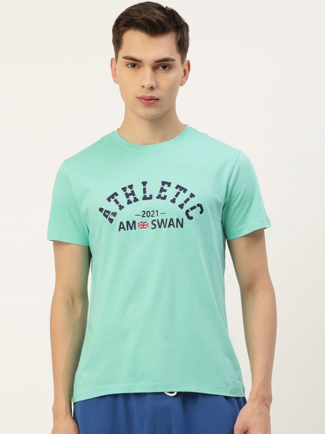 

AMSWAN Men Typography Printed Applique T-shirt, Turquoise blue