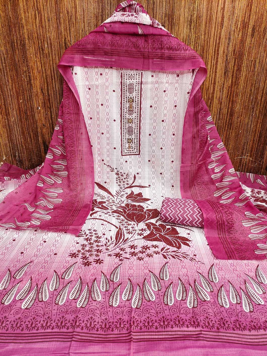 

Maroosh Floral Printed Beads and Stones Cotton Unstitched Dress Material, White