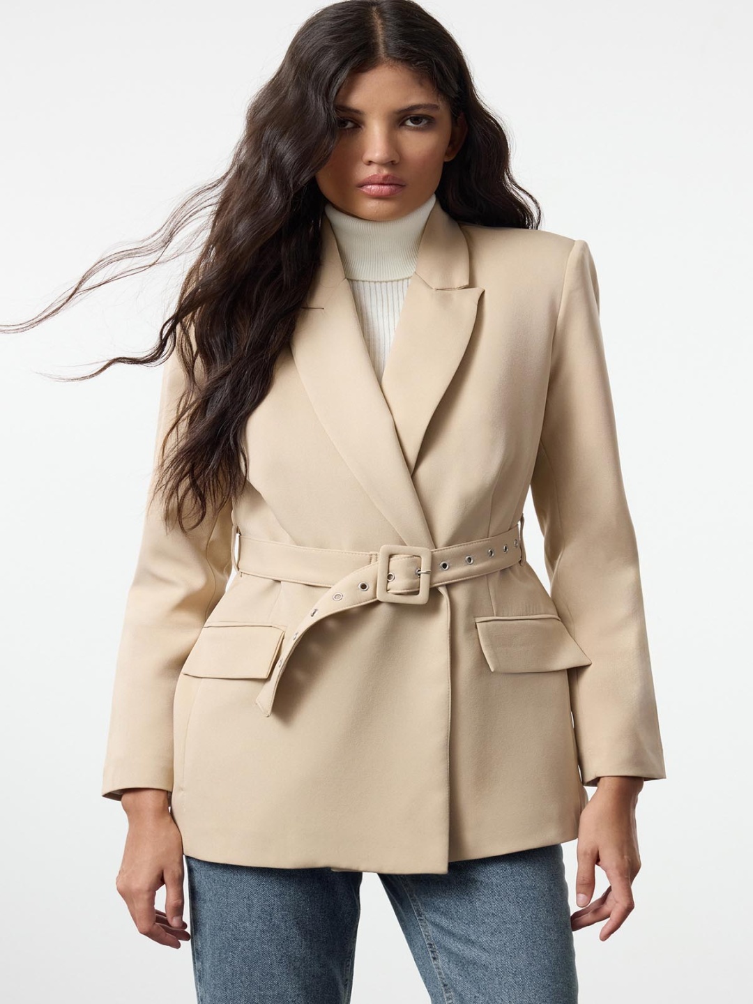 

Trendyol Women Lapel Collar Solid Casual Tailored Jacket, Nude