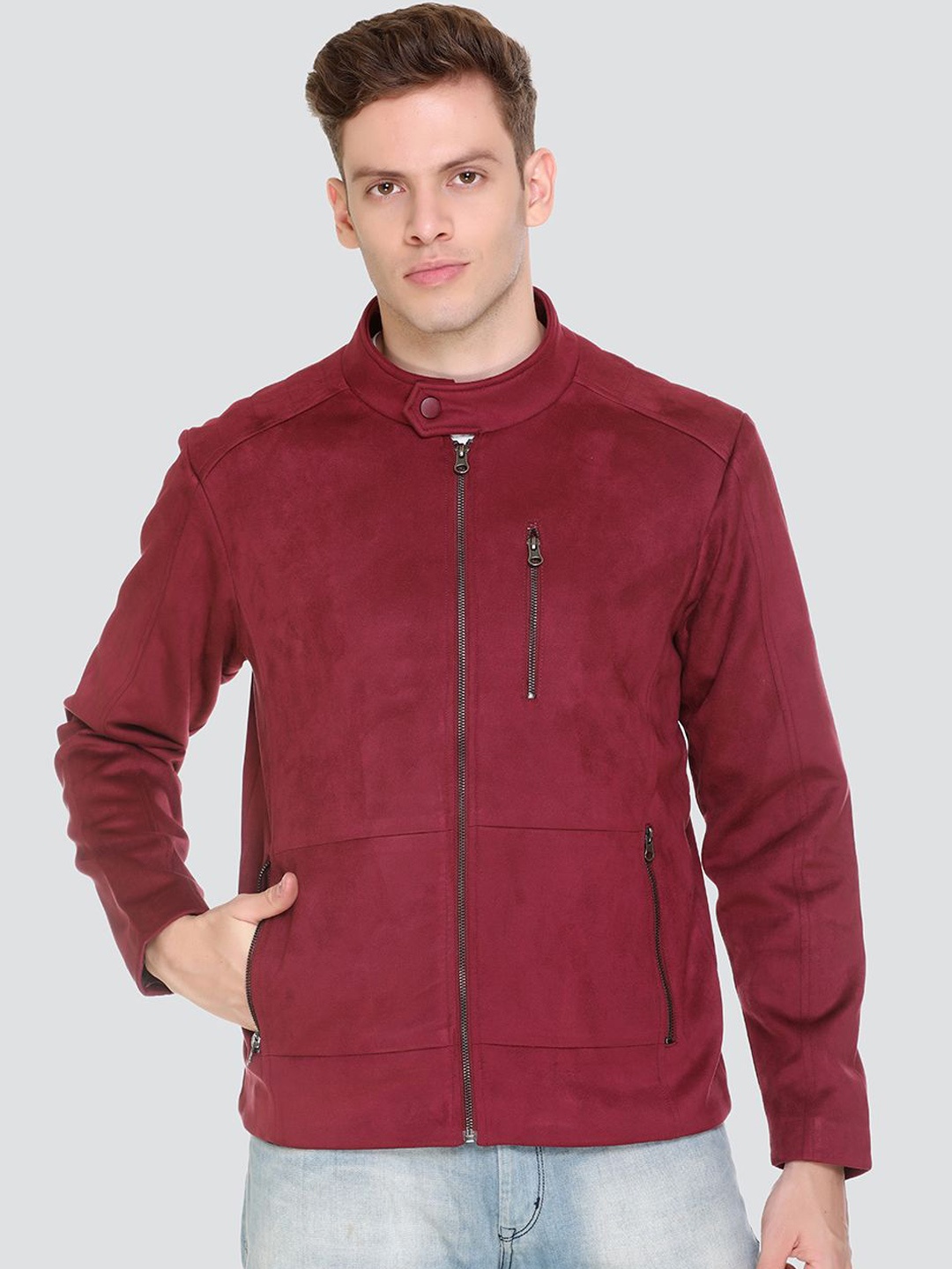

The Roadster Lifestyle Co. Men Mandarin Collar Solid Casual Lightweight Bomber Jacket, Maroon