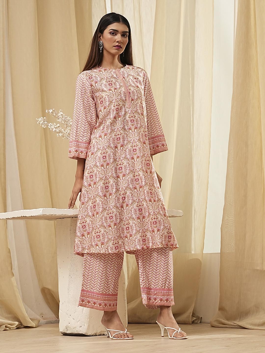 

Biba Women Floral Embroidered Regular Kurta with Palazzos, Pink