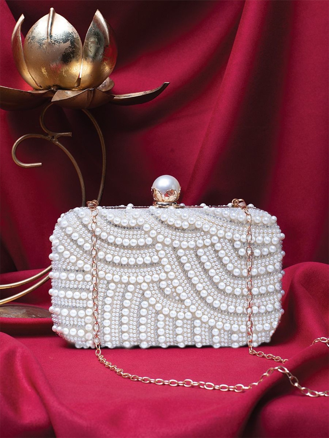 

ARTKLIM Embellished Pearls Beaded Box Clutch, White