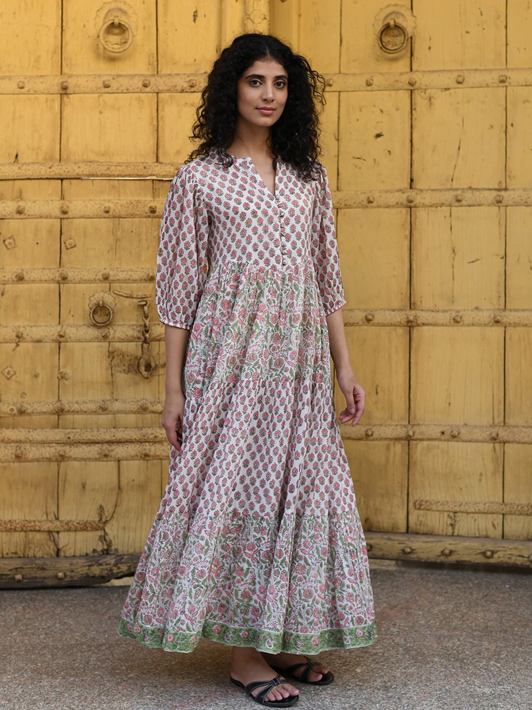 

Rangeelo Women Cotton Floral Printed Maxi Dress, Pink