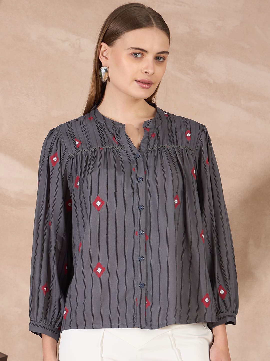 

all about you Women Printed Mandarin Collar Puff Sleeve Ethnic Top, Grey