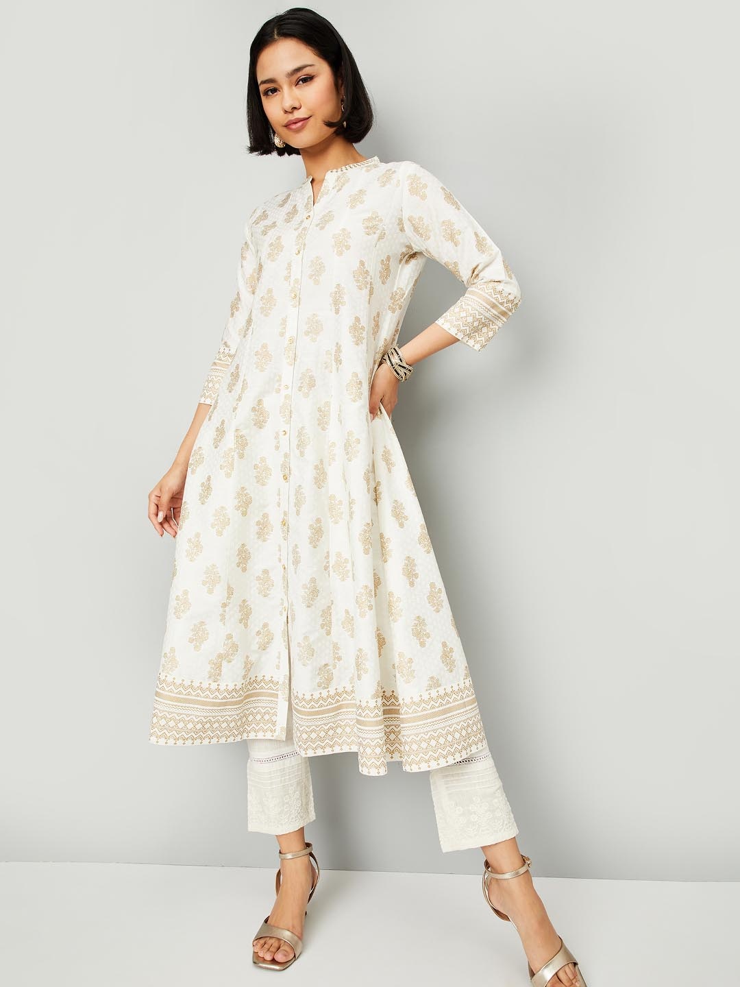 

max Floral Printed Thread Work Mandarin Collar Anarkali Kurta, Beige