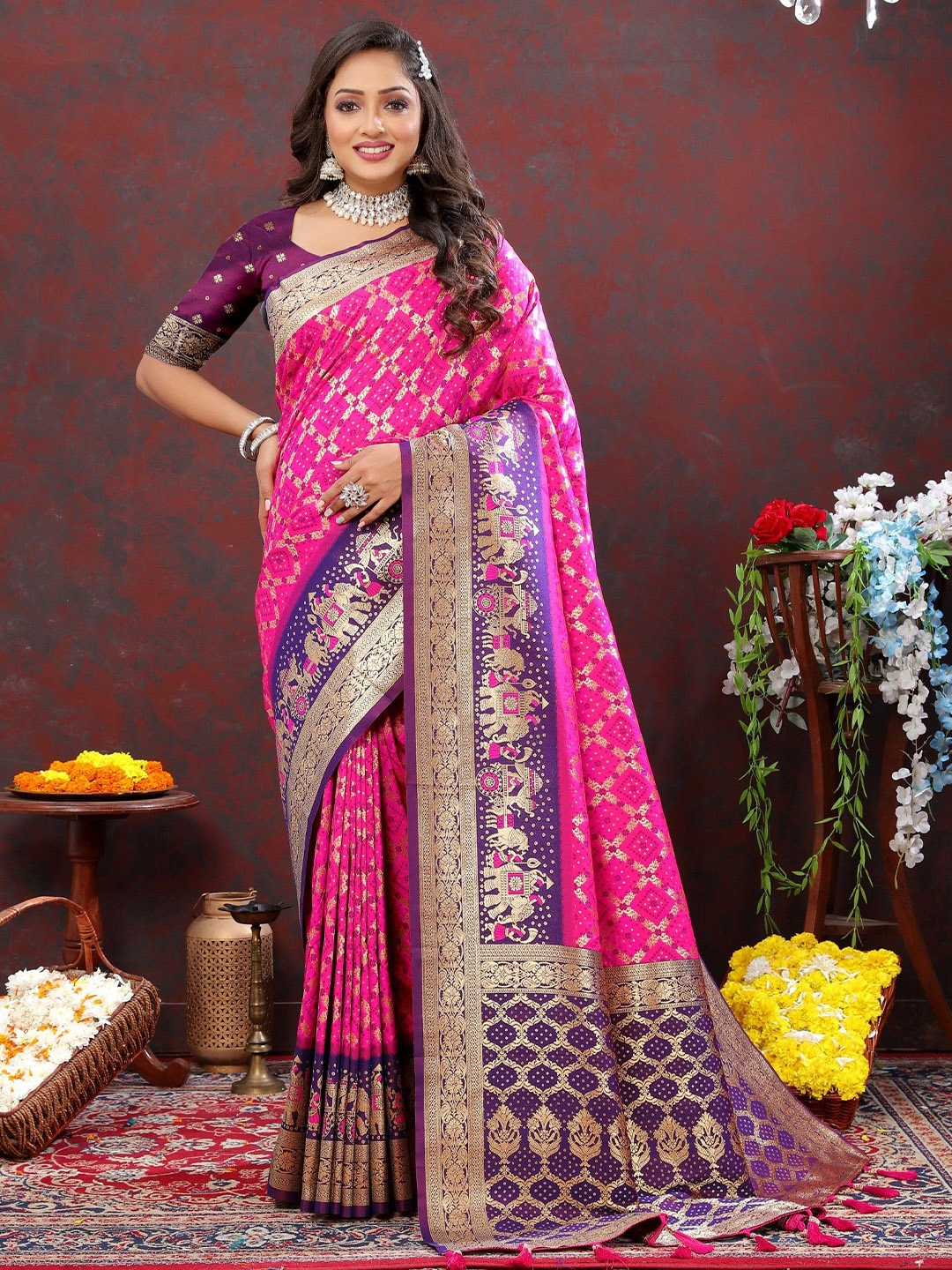 

LeeliPeeri Designer Zari Silk Blend Patola Saree, Pink