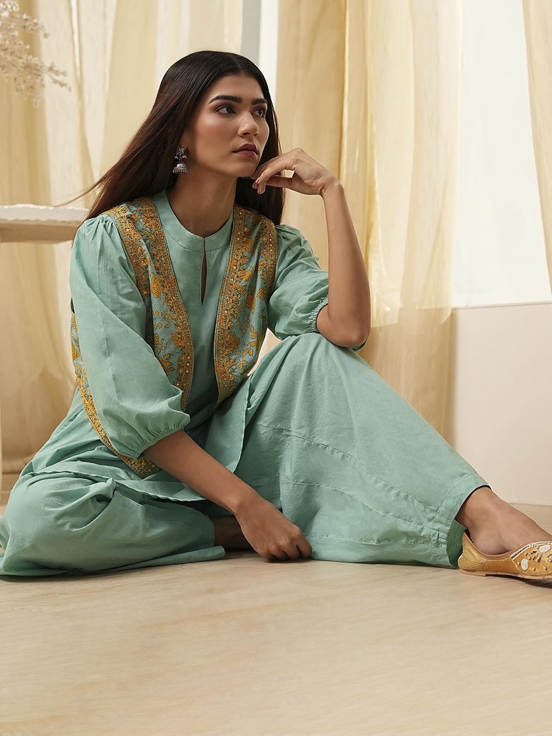 

Biba Women Regular Pure Cotton Kurta with Palazzos, Sea green