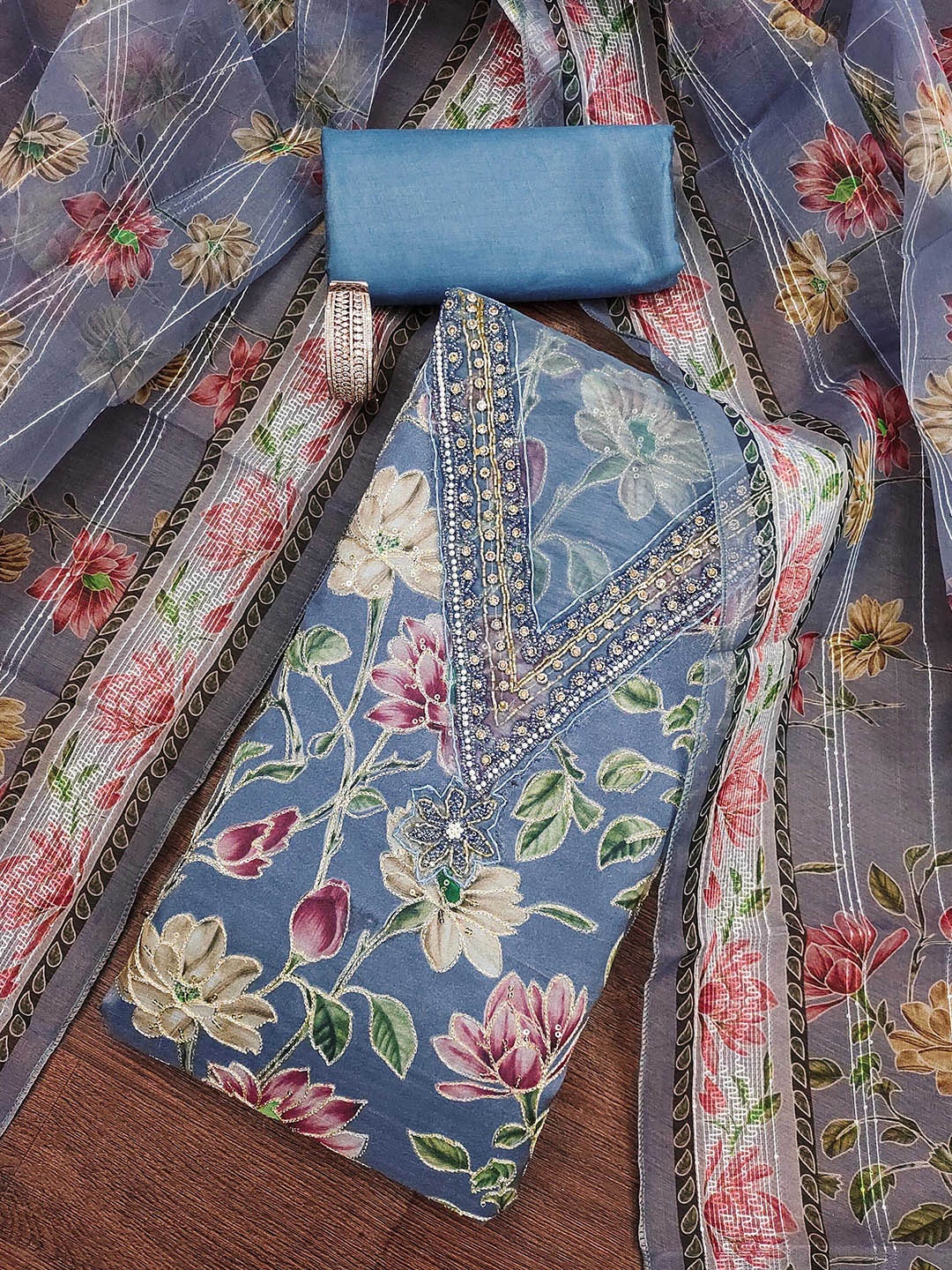 

Maroosh Floral Printed Organza Sequinned Work Unstitched Dress Material, Teal