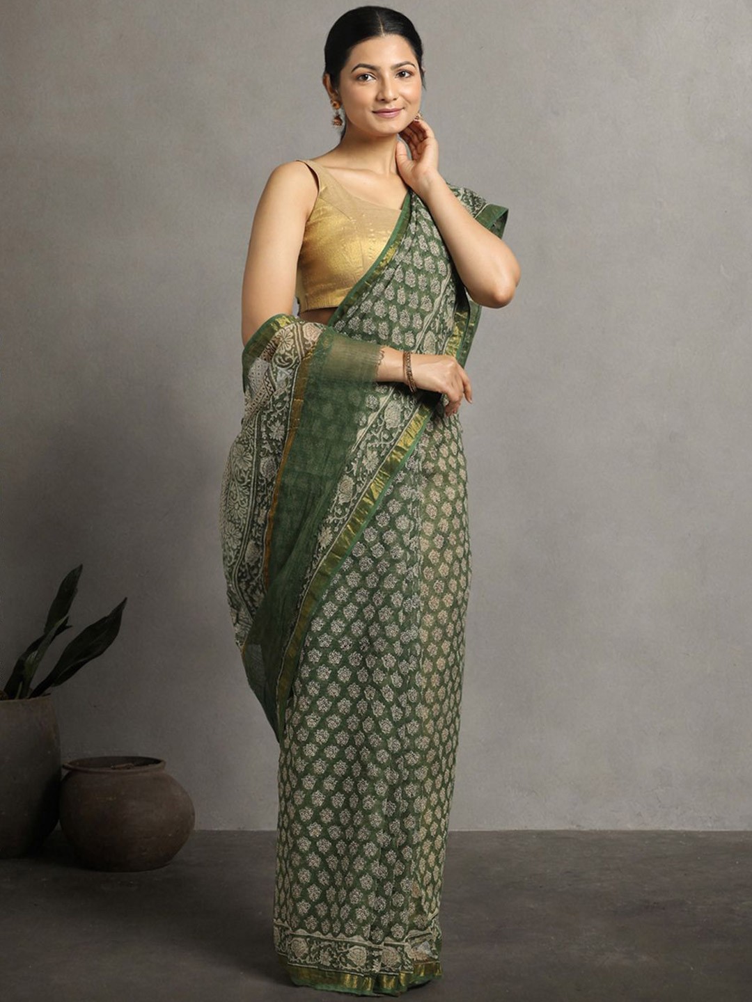 

Suha Bagh Printed Zari Pure Cotton Kota Saree, Green