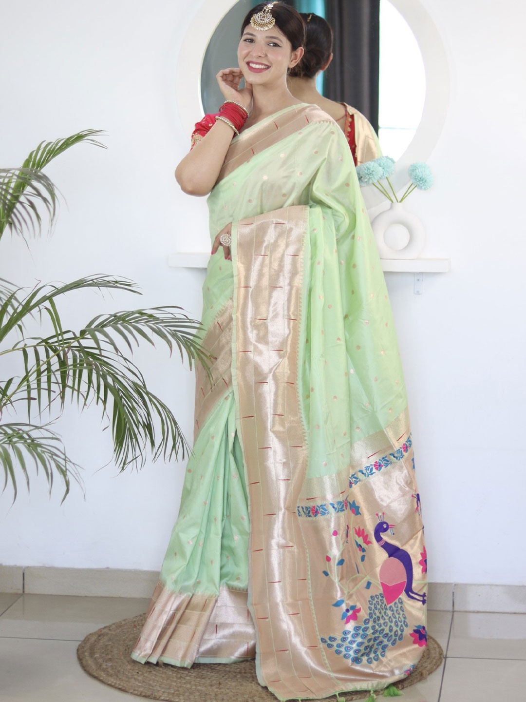 

LeeliPeeri Designer Woven Design Zari Paithani Saree, Lime green